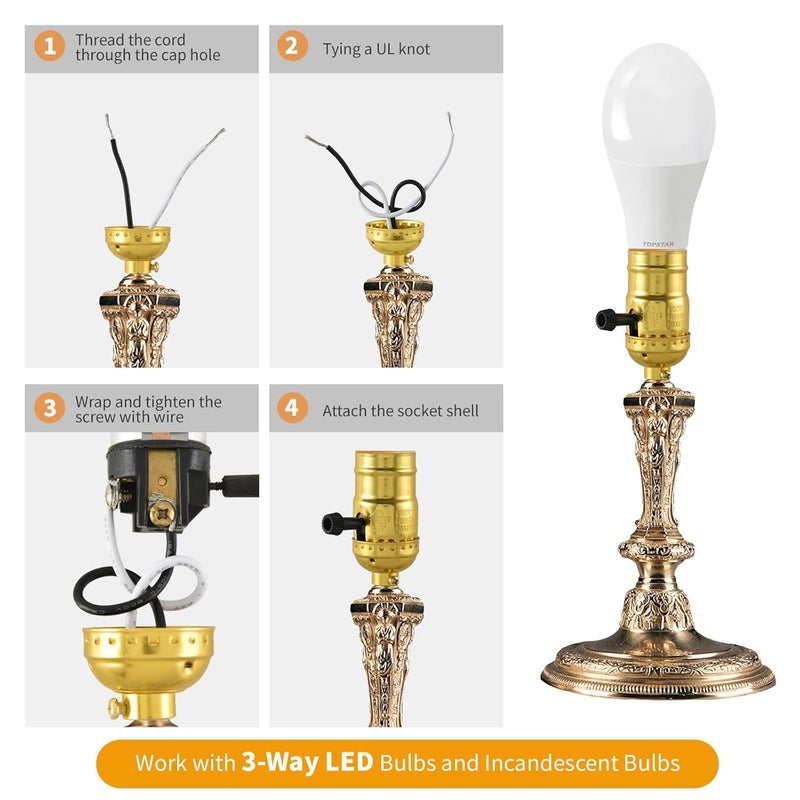 MadYiboshi 2PCS Lamp Socket Replacement, UL Listed E26 Standard Threaded Base Light Socket, Floor, Table Lamp Repair Kit，DIY Project, 3-Way Turn Switch Knob for Low-Medium-High Light Settings, (Gold) - Image 4